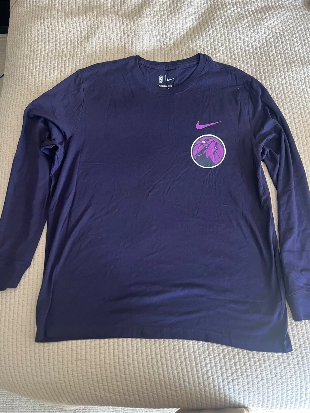 Minnesota Timberwolves Nike Navy Long Sleeve Tee with Purple Swoosh & Emblem